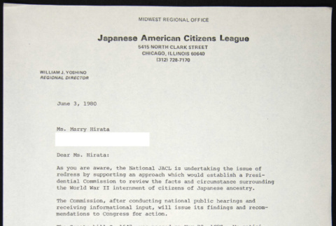 Letter to Marry Hirata from William Yoshino (ddr-chijacl-1-474)