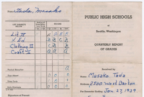 Quarterly grade report for Masako Tada (ddr-densho-540-9)