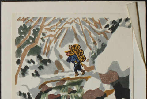 Illustration of a hiker walking across a bridge in snow (ddr-densho-300-525)