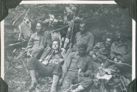 Six men resting with gear.  Joe Iwataki on far left (ddr-ajah-2-250)