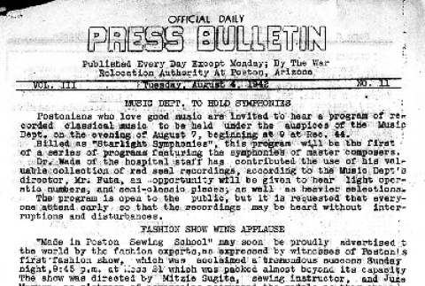 Poston Official Daily Press Bulletin Vol. III No. 11 (August 4, 1942) (ddr-densho-145-72)