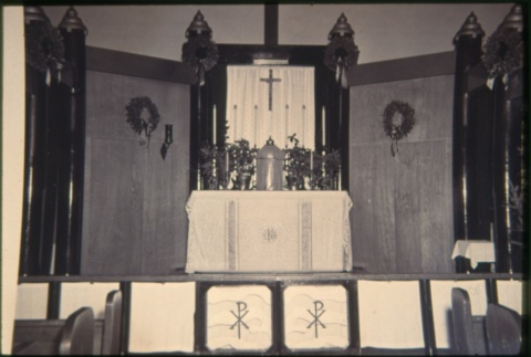 Black and white image of alter inside church (ddr-densho-330-108)