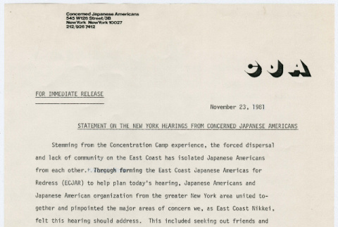 Statement on  the New York Hearings From Concered Japanese Americans (ddr-densho-352-168)