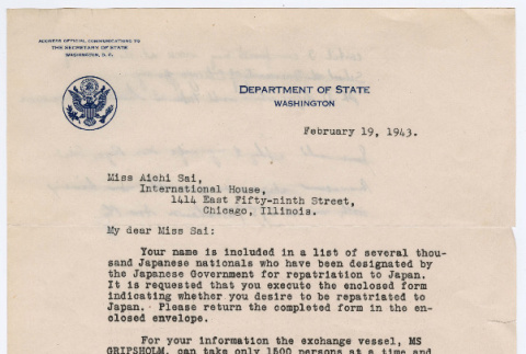 Letter from T.F. Fitch, Chief Special Agent, U.S. Dept. of State to Ryo Morikawa (ddr-densho-446-42)