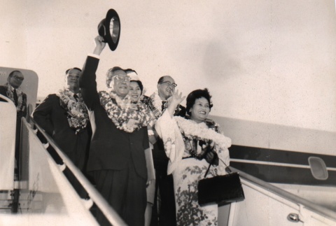 Hayato Ikeda, Mrs. Ikeda and others waving on an airstair (ddr-njpa-4-155)