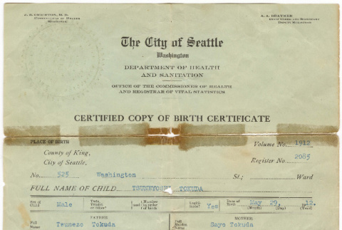 Original and certified copy of birth certificate (ddr-densho-383-484)