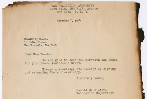 Letter to Sally (Fujii) Domoto from War Relocation Authority approving her Leave Assistance Grant (ddr-densho-329-1028)