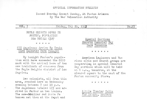 Poston Information Bulletin Vol. I No. 15 (May 29, 1942) (ddr-densho-145-15)