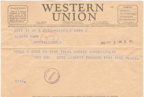 Telegram sent to Kinuta Uno at Fort Missoula (ddr-densho-324-101)