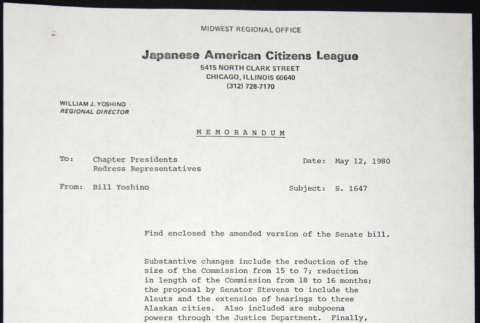 Memo to Chapter Presidents and Redress Representatives from Bill Yoshino (ddr-chijacl-1-468)