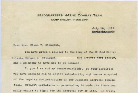 Letter from C. W. Pence to Misao T. Kitagawa (ddr-densho-539-50)