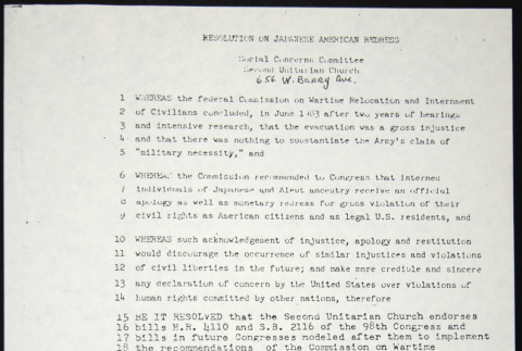 Copy of Second Unitarian Church Resolution on Japanese American Redress (ddr-chijacl-1-80)