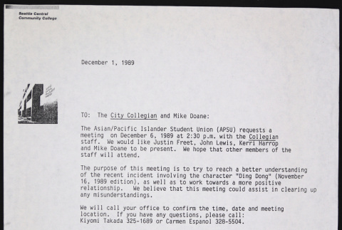 Letter from Kiyomi Takada and Carmen Espanol to The City Collegian and Mike Doane (ddr-densho-530-33)