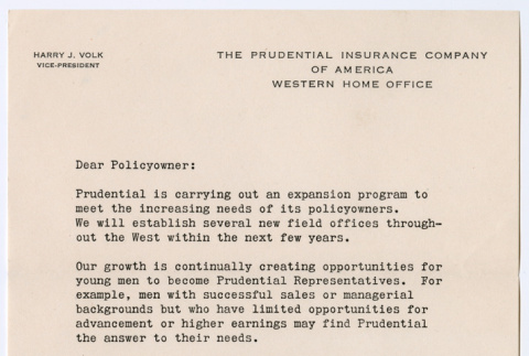 Letter to policy owner from Harry Volk (ddr-densho-501-145)