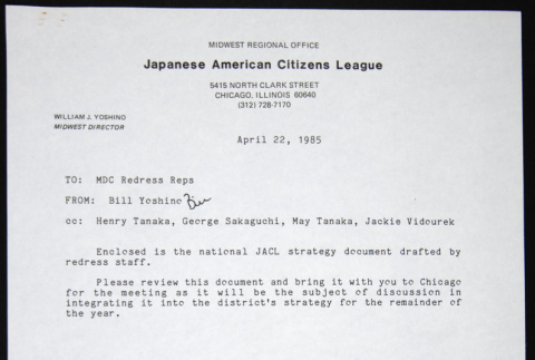 Memo to MDC Redress Reps from Bill Yoshino (ddr-chijacl-1-249)