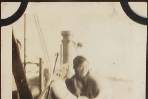 Tomoye (Nozawa) Takahashi with life ring from Ship Yokohama (ddr-densho-423-509)