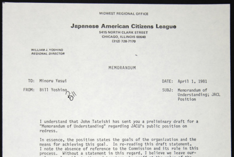 Memo to Minoru Yasui from Bill Yoshino (ddr-chijacl-1-646)