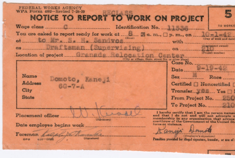 Notice to report to work for Kaneji Domoto (ddr-densho-329-982)