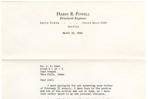 Letter from Harry Powell to Allen Arai (ddr-densho-430-67)