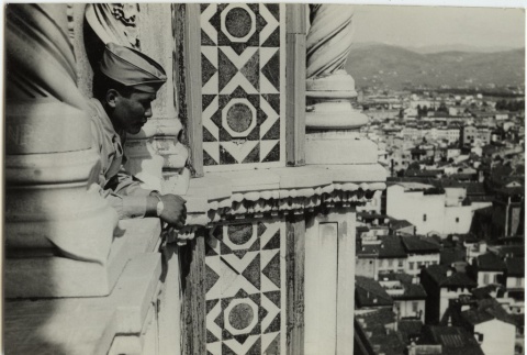 Soldier overlooking Florence cityscape (ddr-densho-201-218)