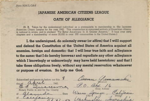 JACL Oath of Allegiance for Osamu Yamanaka (ddr-ajah-7-143)