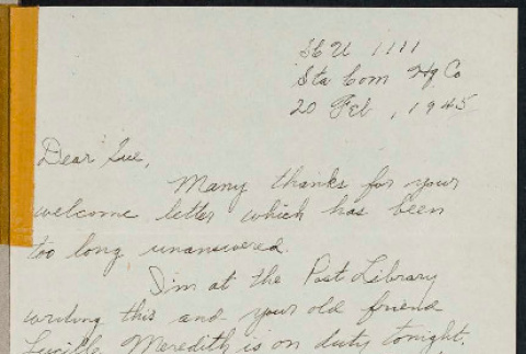 Letter from Bernie to Sue Ogata Kato, February 20, 1945 (ddr-csujad-49-215)