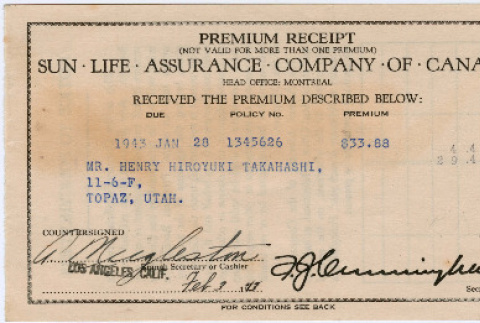Receipt for life insurance premium (ddr-densho-410-238)