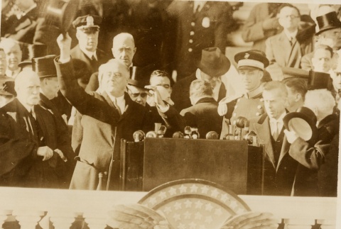 Franklin D. Roosevelt waving to the crowd during a speech (ddr-njpa-1-1491)