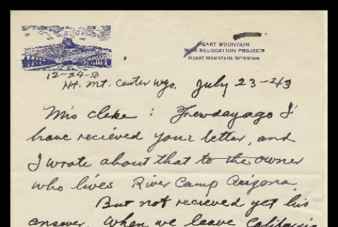 Letter and map from Shoji Nagumo to Mrs. Cleke, July 23, 1943 (ddr-csujad-55-888)