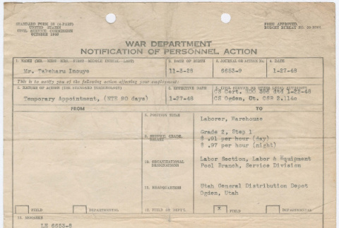 War Department Notification of Personnel Action (ddr-densho-365-5)