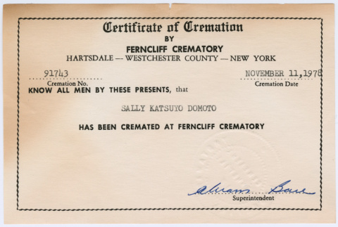 Certificate of Cremation (ddr-densho-329-1268)