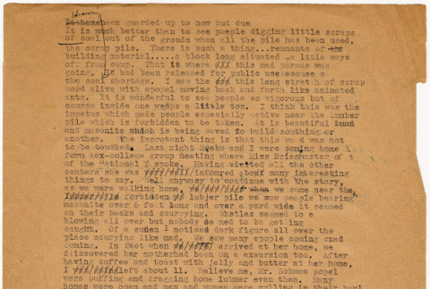 Description of residents of camp stealing wood to make furniture.  Appears to be part of a letter to Floyd Schmoe asking him to find a position for Tamako outside of camp. (ddr-densho-383-599)