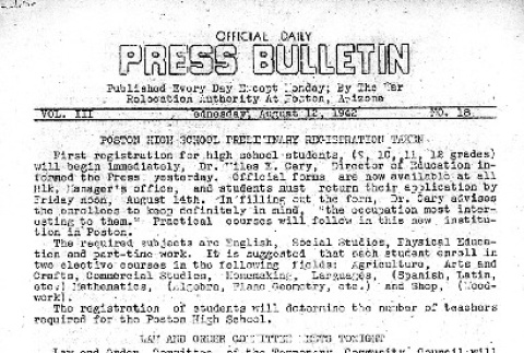 Poston Official Daily Press Bulletin Vol. III No. 18 (August 12, 1942) (ddr-densho-145-79)