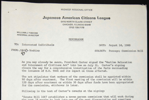 Memo to Interested Individuals from Bill Yoshino (ddr-chijacl-1-458)