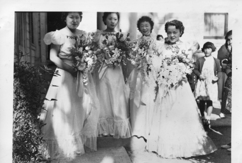 Shigeko Iwaihara Koga with bridesmaids at her wedding (ddr-ajah-6-171)
