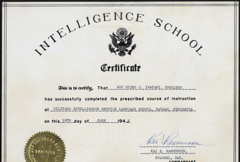 Intelligence School Certificate for Hideo J, Iwataki (ddr-ajah-2-746)
