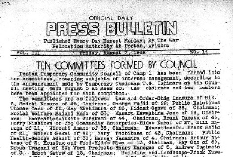 Poston Official Daily Press Bulletin Vol. III No. 14 (August 7, 1942) (ddr-densho-145-75)