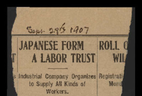 [Newspaper clipping titled:] Japanese form a labor trust (ddr-csujad-55-2009)