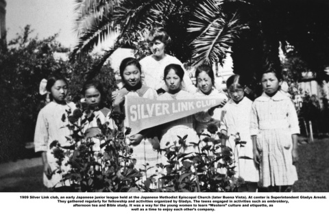 Group of girls holding Silver Link Club pennant (ddr-ajah-4-15)