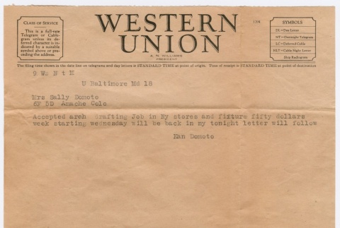 Western Union Telegram to Sally Domoto from Kan Domoto (ddr-densho-329-240)