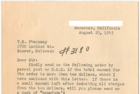 Letter sent to T.K. Pharmacy from  Manzanar concentration camp (ddr-densho-319-413)