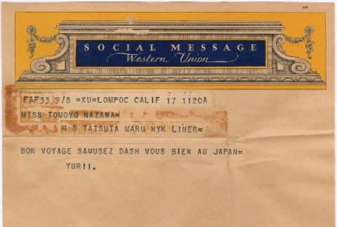Envelope with telegram from Yurii to Tomoye (Nozawa) Takahashi (ddr-densho-410-387)