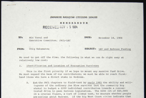 Memo to Min Yasui from Shig Wakamatsu (ddr-chijacl-1-174)