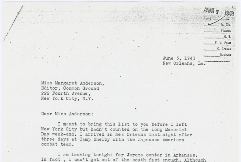 Letter from Larry Tajiri to Margaret Anderson, editor of Common Ground (ddr-densho-338-430)