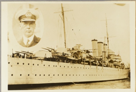 Photo of the HMS Dorsetshire with inset of a naval commander (ddr-njpa-13-505)