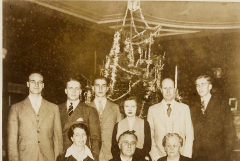Franklin D. Roosevelt and his family posing in front of a Christmas tree (ddr-njpa-1-1511)