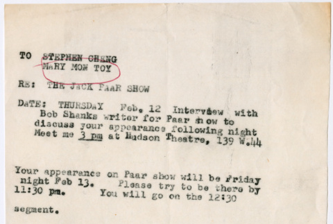 Note to Mary Mon Toy and Stephen Chong about schedule for Jack Paar Show appearance (ddr-densho-367-201)