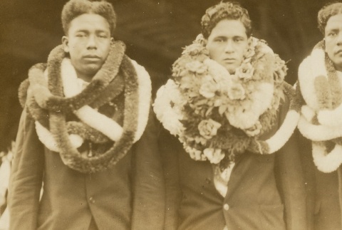 Three young men wearing leis (ddr-njpa-2-507)