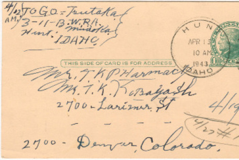 Letter sent to T.K. Pharmacy from  Minidoka concentration camp (ddr-densho-319-421)