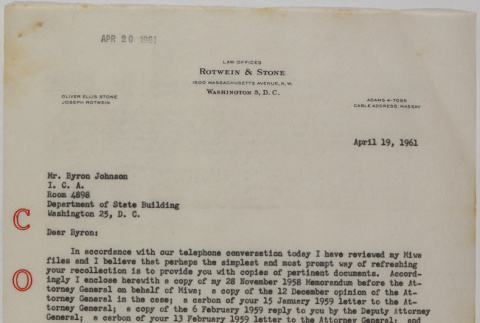 Copy of letter from Oliver Ellis Stone to Congressman Byron Johnson (ddr-densho-437-139)